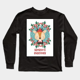 Season’s Greetings, Merry Christmas, greetingcard with a cute little deer in the snow Long Sleeve T-Shirt